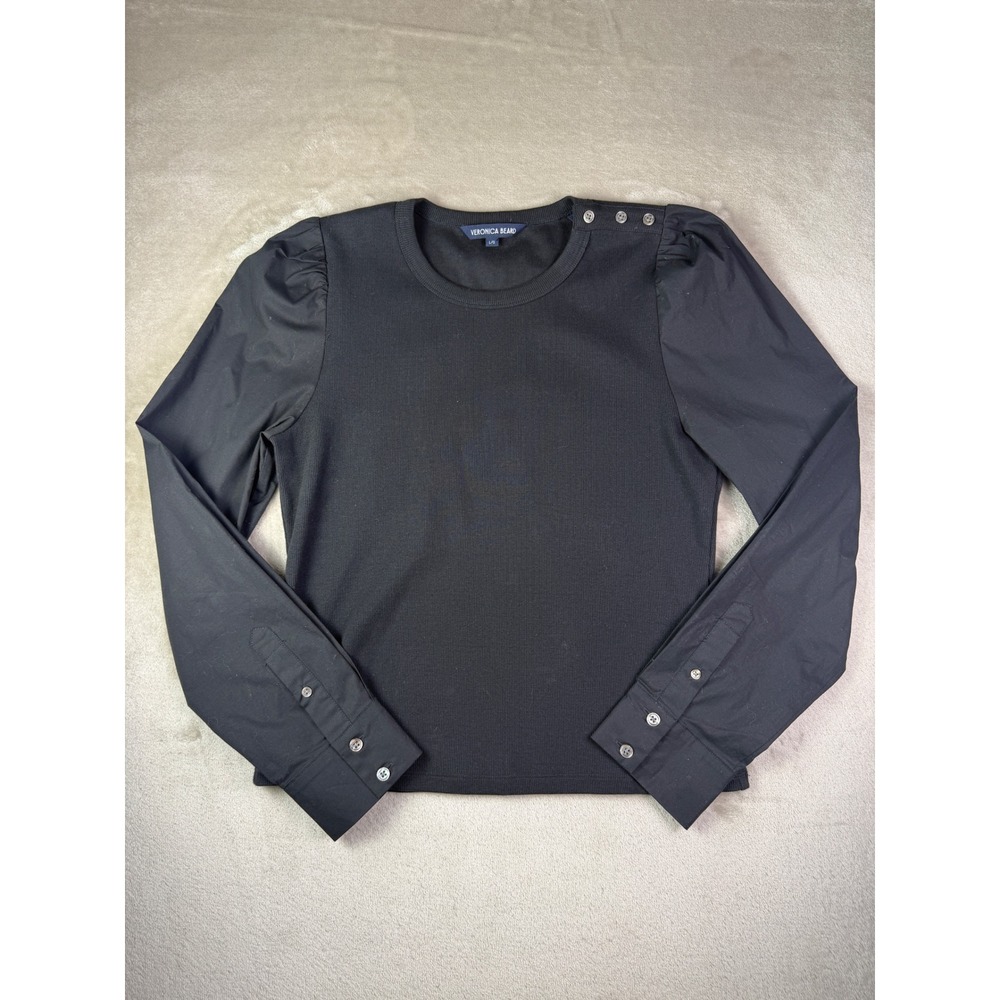 Veronica Beard Black Size Large Fersia Mixed Media Puff Sleeve Ribbed Top Blouse - Picture 4 of 13